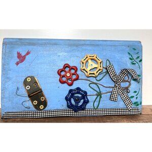 Vintage Industrial Valve Wheel Wall Decor Rustic Blue Wooden Art Piece